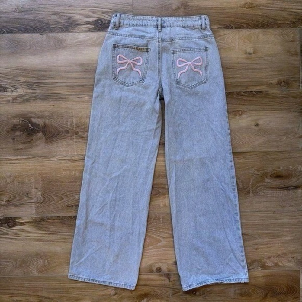 Edikted Bow Wide Leg Jeans Small Light Wash Blue Pink Coquette Y2K Embroidered
